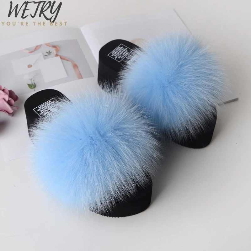 

2020 New fox fur slippers Women Fox Home Fluffy Sliders Comfort With Feathers Furry Summer Flats Sweet Ladies Shoes