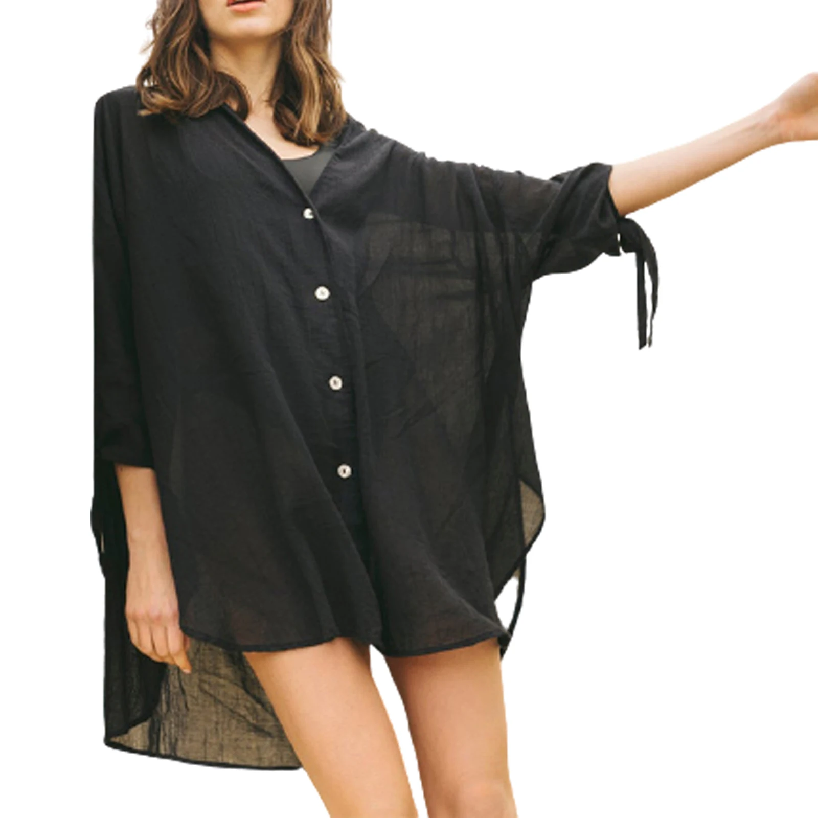 

Women's Middle Sleeve Beach Blouse, Girl's Loose Solid Color Outer Wear, Casual See-through Hollow Clothing