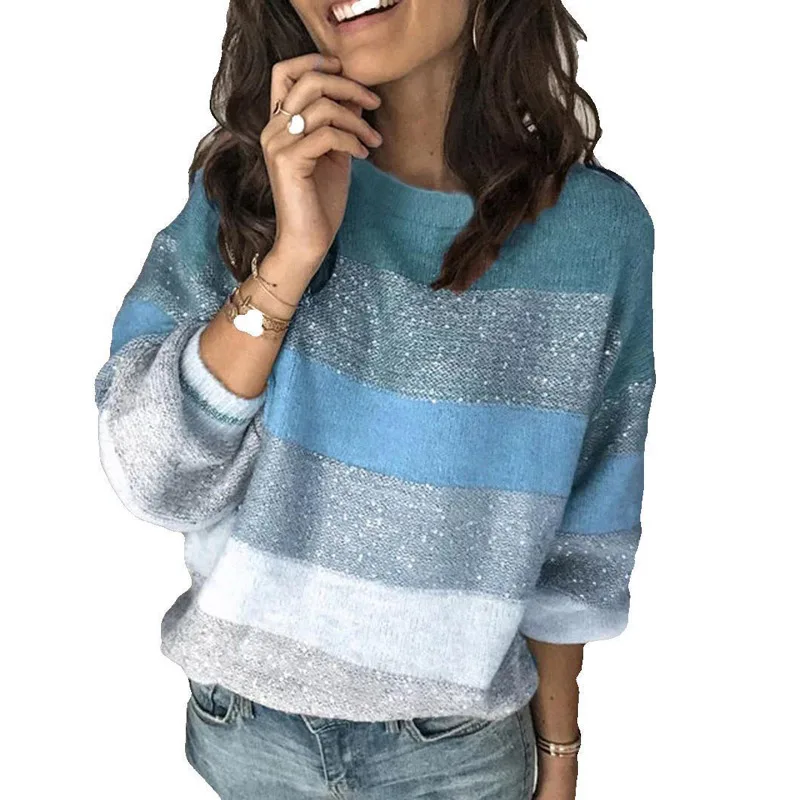 Свитер женский трикотажный в полоску с круглым вырезом на осень LYT01 2020 | Женская