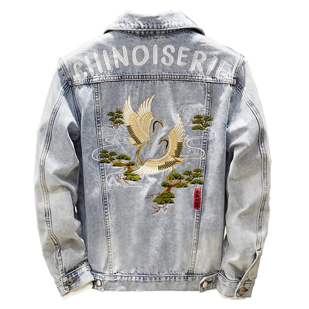 

Мужская джинсовая куртка с вышивкой китайского Журавля, модное светло-голубое пальто с вышитыми буквами