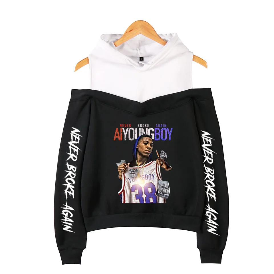 

YoungBoy Never Broke Again Pink Hoodie Long Sleeve Off Shoulder Hooded Sweatshirts Streetwear Hip Hop Casual Women Pullovers