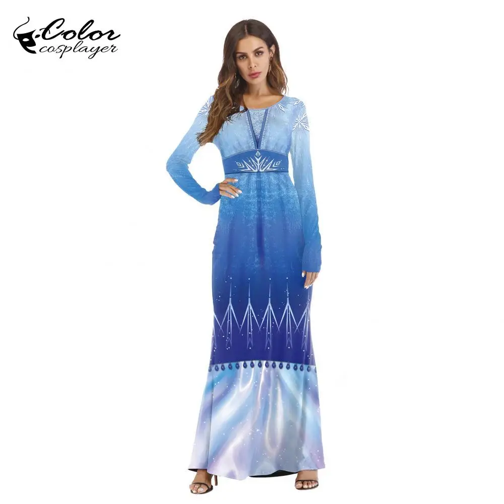 Женский длинный костюм принцессы Эльзы цветной карнавальный с длинным рукавом