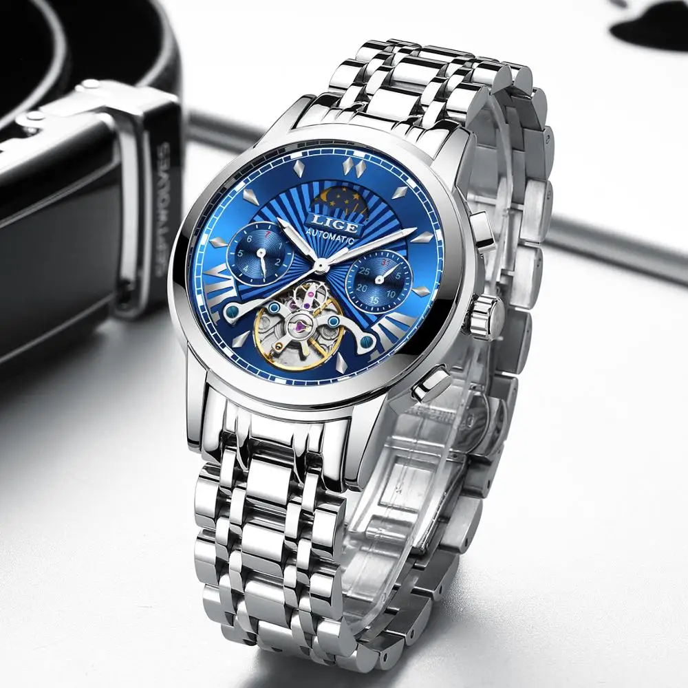 LIGE Роскошные автоматические механические мужские часы Классические деловые