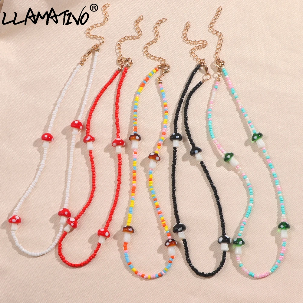 

Bohemian Colorful Mushroom Beaded Choker Necklace For Women Fashion Sweet Rainbow Seed Beads Strand Necklaces Y2k Jewelry Gifts