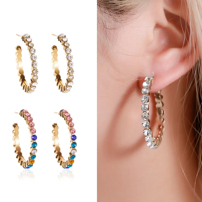 Женские серьги кольца со стразами простые маленькие минималистичные