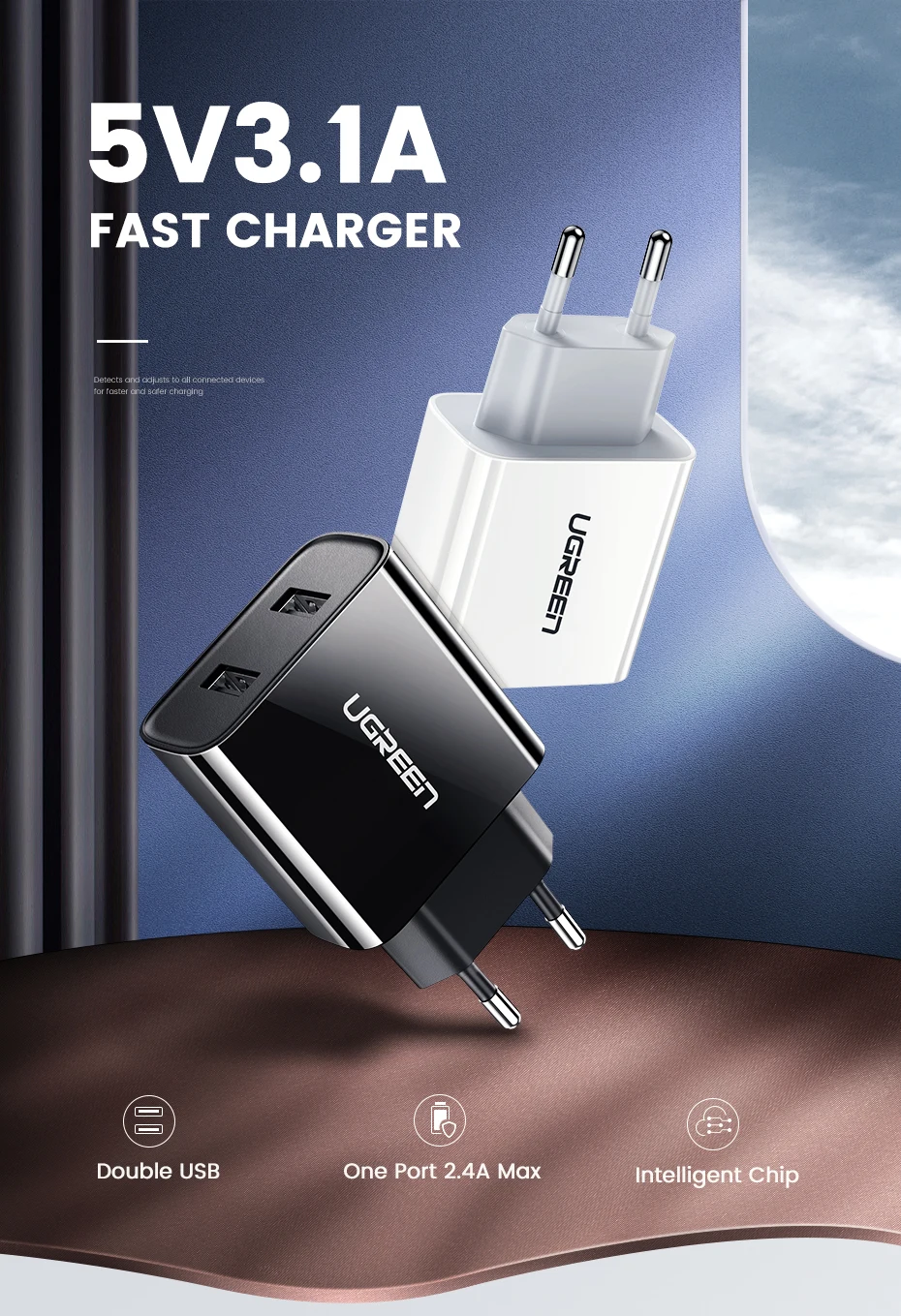 Ugreen 5V3. 4A Универсальное Зарядное Устройство USB Путешествия Зарядное Устройство Адаптер Портативный ЕС ВЕЛИКОБРИТАНИЯ Plug Смарт-Мобильный Телефон Зарядное Устройство для iPhone Tablet