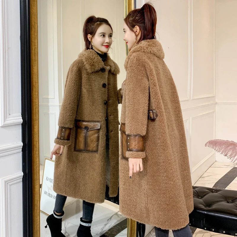 

Натуральная одежда 2020, зимнее женское меховое пальто, женская Корейская винтажная овчина, 100% шерстяная куртка, замшевая подкладка V18D1885 YY1561