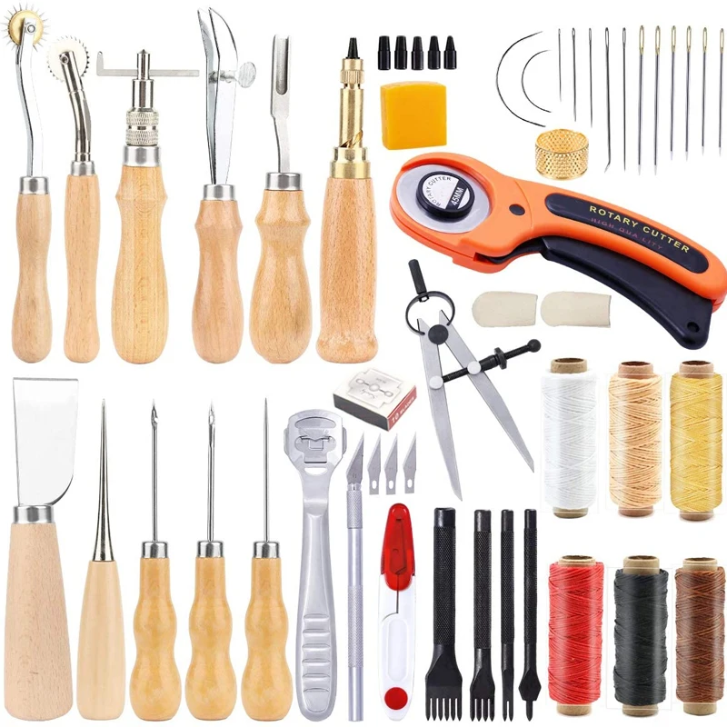 

LMDZ 53 Pieces Beginners Leather Work Tools, Leather Working Kit with Instructions, Leather Groover, Awls, Prong Punch