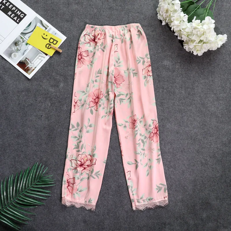 

New Womens Lace Long pants Pajamas Spring Summer Casual Silky Home Wear Sleep Pyjama Bath Trousers M-XXL