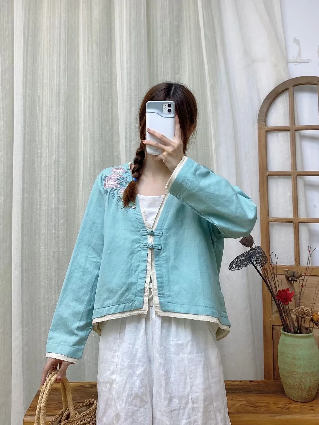 

Женская рубашка с жаккардовой вышивкой, элегантная рубашка из хлопка и льна в китайском стиле ретро, осень 2021