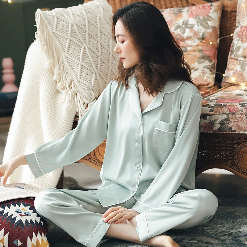 Летний Атласный пижамный костюм для женщин тонкая Пижама комплект с длинным