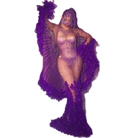 purple rhinestone feather transparent long dress cloak outfit women birthday prom evening party long dresses catwalk costume