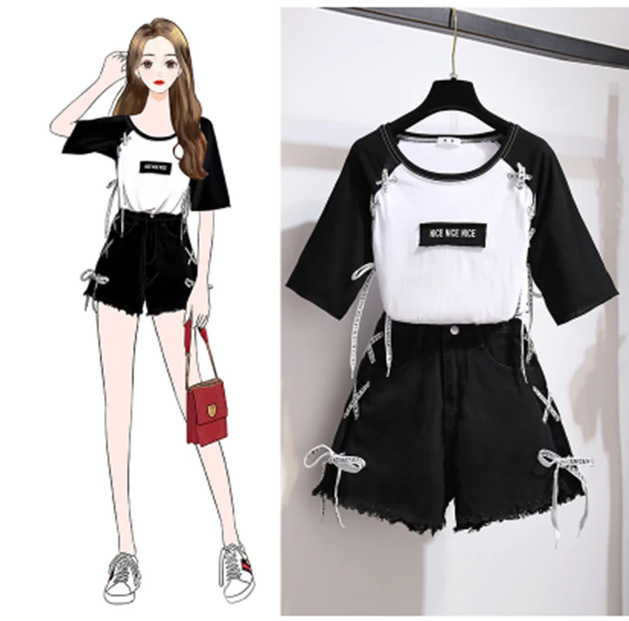 Женский комплект из 2 предметов футболка с надписью и джинсовые шорты на завязках