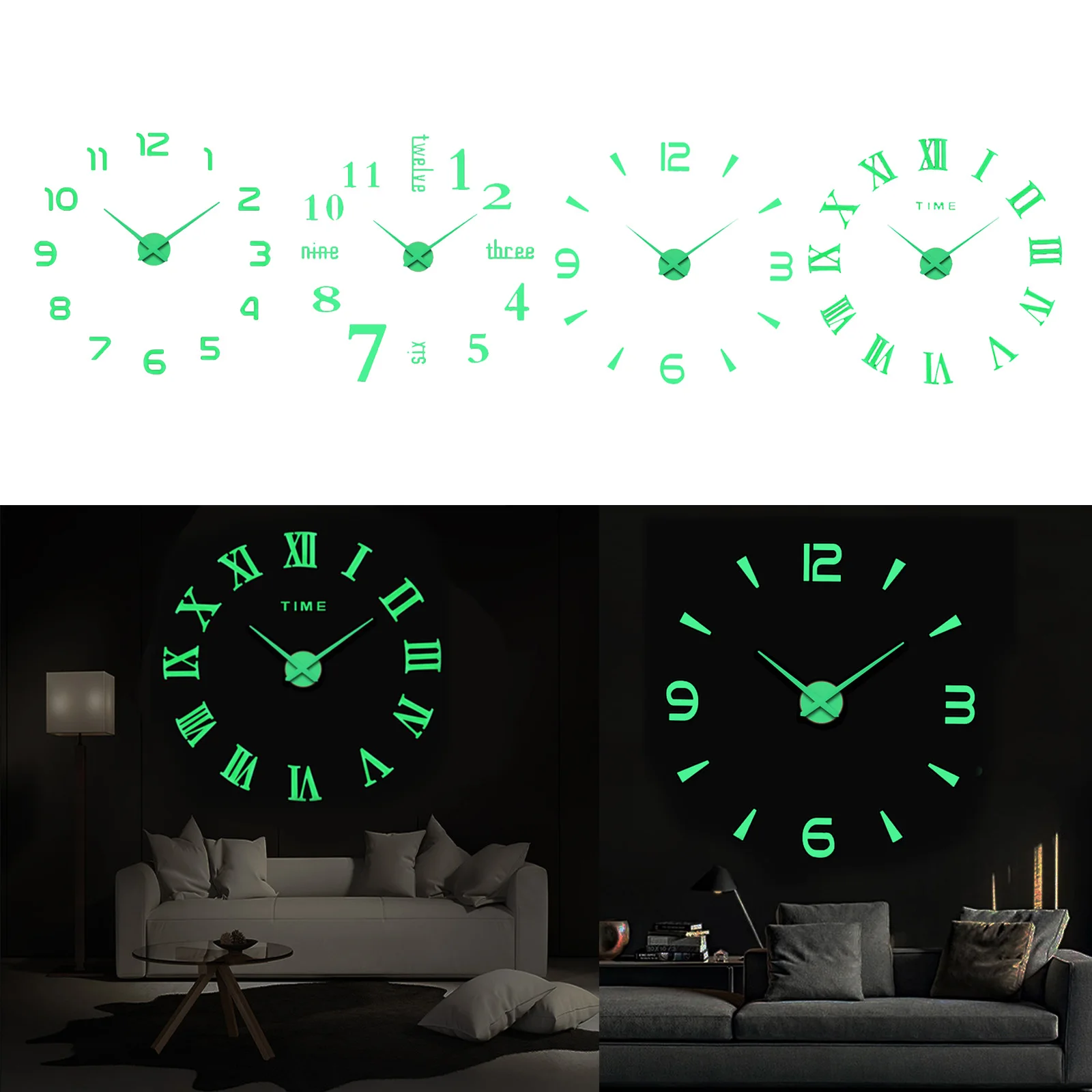 

Wall Mounted Luminous Clock DIY 3d Sticker Modern Home Bar Decor Watch