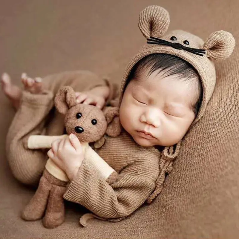 

3 Pcs/Set Newborn Photography Props Suit Knitted Cotton Jumpsuit Hat Mouse Doll Infant Photo Shooting Clothes Outfits