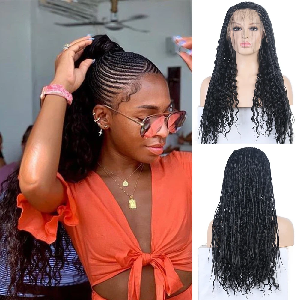 

AIMEYA Synthetic 13X4 Deep Curly with Braided Lace Front Wigs Half Hand Tied Box Micro Braids Lace Hair Wig for Black Women Hair