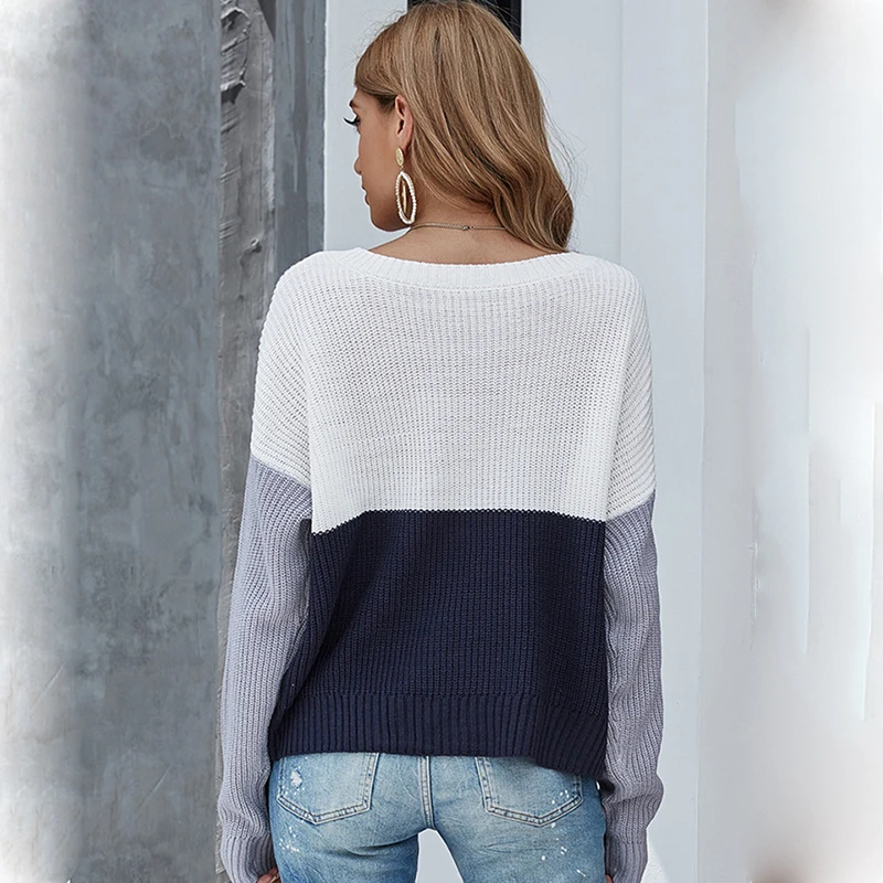 

Spring Stitching Contrast Knit Pullover Sweater Long-sleeved V-neck Loose Knit Sweater for Women