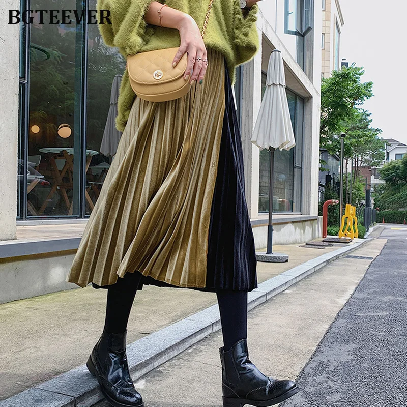 Модная женская плиссированная юбка металлического цвета эластичный лоскутный