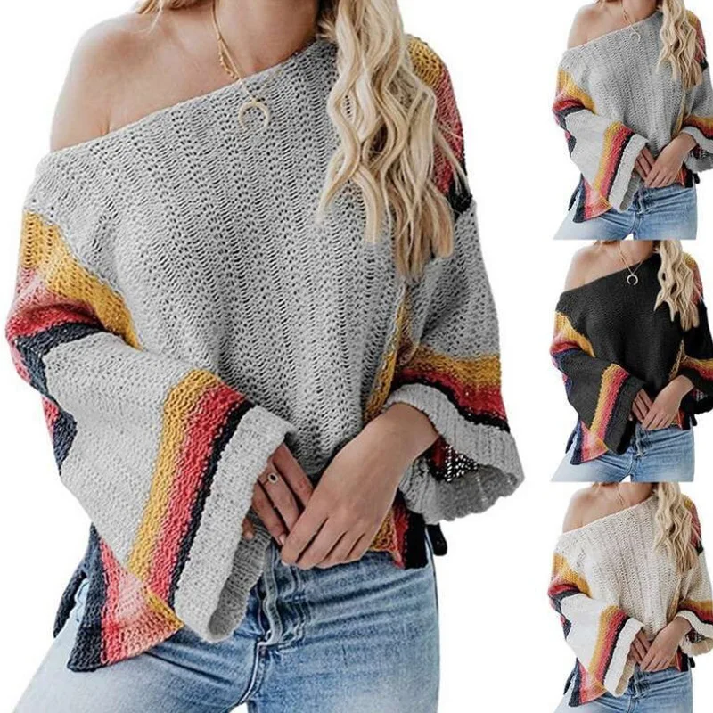 

Long Sleeve Crop Top Casual Women's Knitwear Slash-neck Off-shoulder Flared Sleeve Sweater Halloween Sweater Women