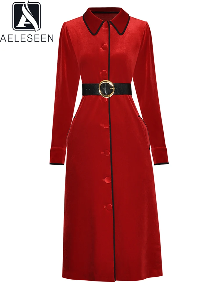 

AELESEEN Fashion Runway 2022 Winter Long Coat Women Wine Red dark brown Single Breasted With Belt Office Lady Velvet