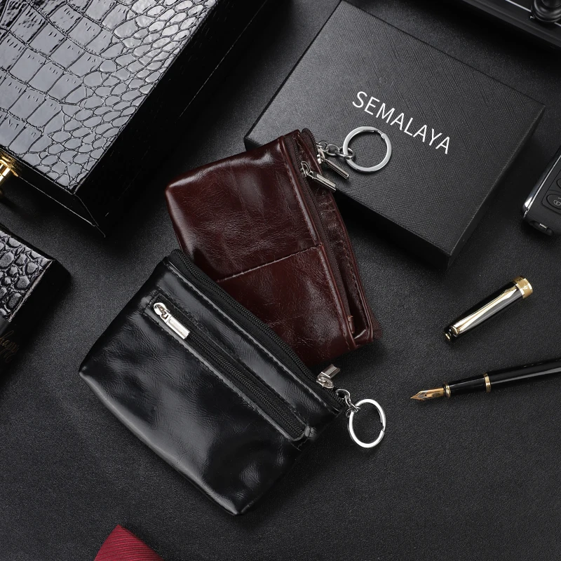 Free Shipping Coin Wallet Keychain Money Clip Purse Cowhide Leather With Zipper Card Bag Small For Unisex Latest Design Style