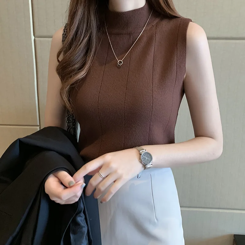 

Turtleneck Knitted Pink Tanks Top Female Sleeveless Spring Summer Knit Vest Women Casual Elastic Pullovers Femme