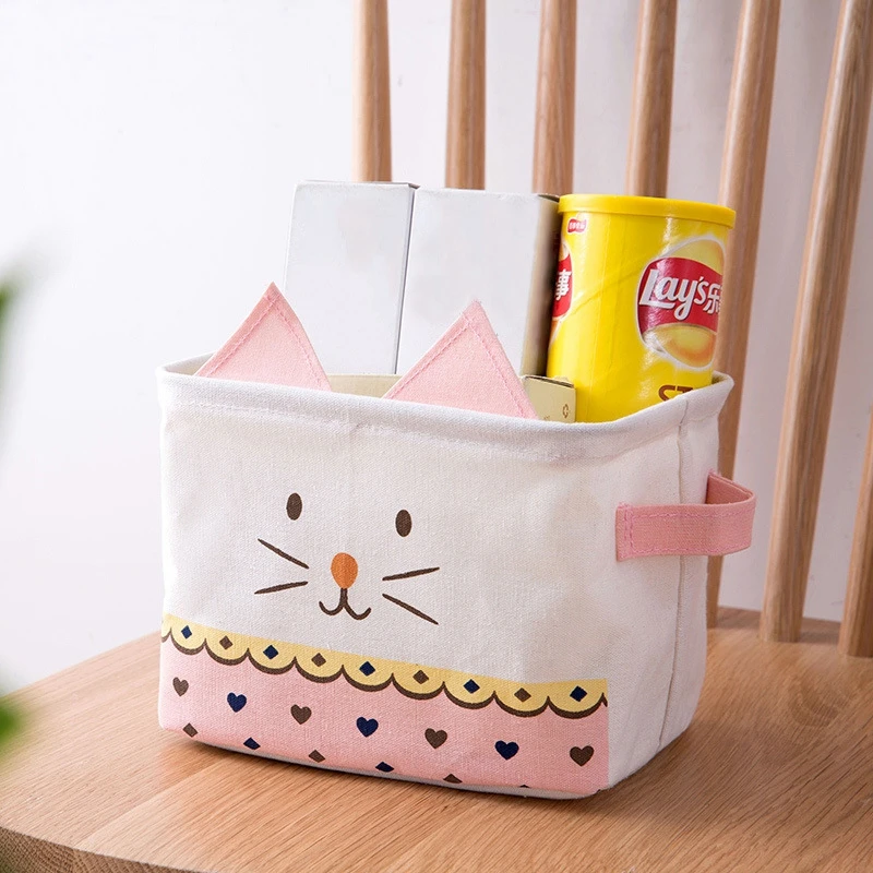 

Cute Cat Style Sundries Storage Basket Cosmetics Container Multifunction Cotton Linen Storage Basket Desktop organizer