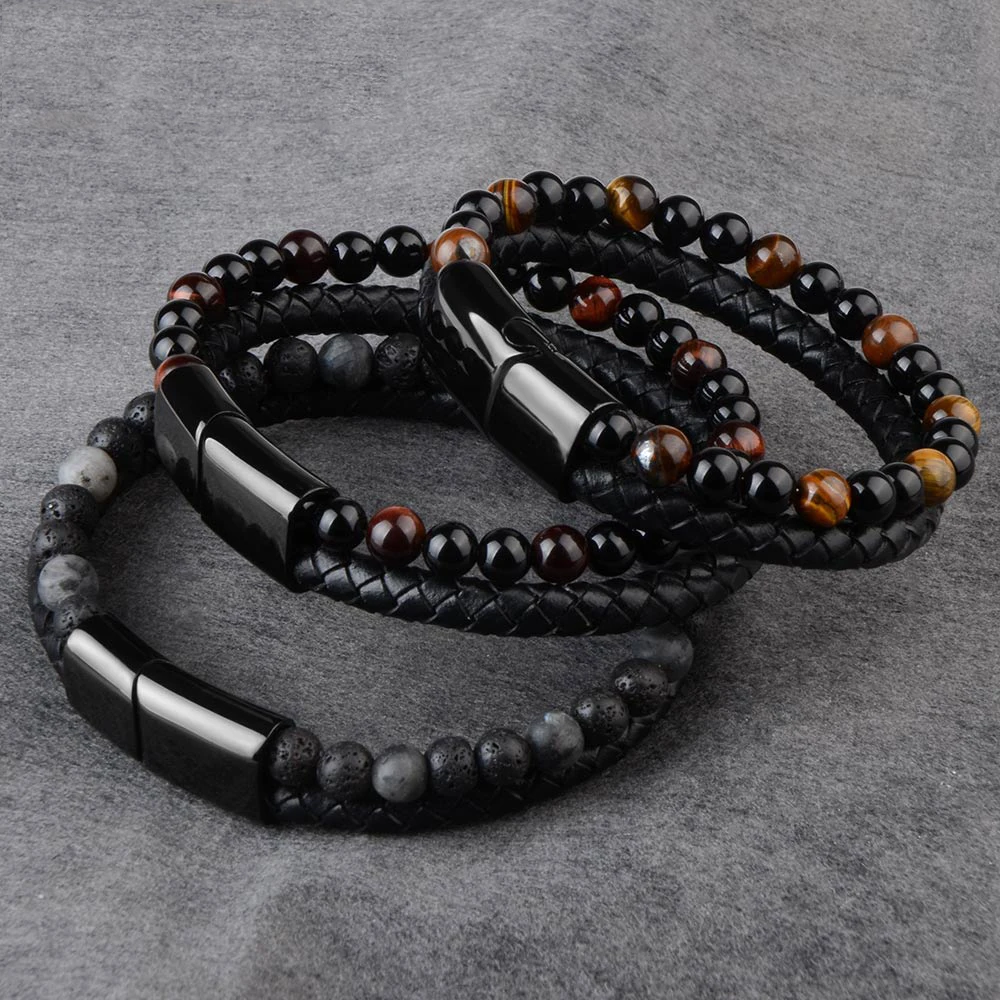 

2019 Fashion Men Jewelry Natural Stone Genuine Leather Bracelet Black Stainless Steel Magnetic Clasp Tiger eye Bead Bracelet Men