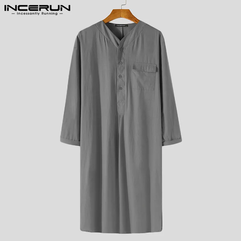 

Men Robes V Neck Long Sleeve Solid Color Loose Button Nightgown Sleepwear Homewear Leisure Cozy Mens Bathrobes S-5XL INCERUN
