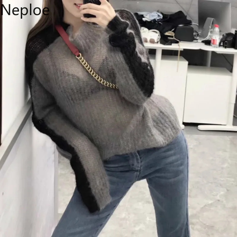 Neploe тонкий лоскутный длинный рукав Свободный корейский вязаный нижний свитер