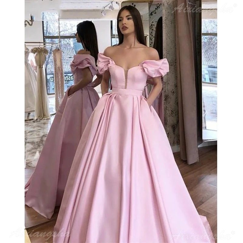 Розовые вечерние платья 2020 длинные с открытыми плечами и карманами для
