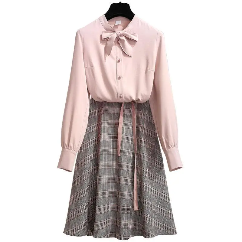 

New 2019 Spring Autumn Women Sweet Suits Girls Solid Shirts Tops + Plaid Skirts Sets Female Fashion Slim Two Pieces Suit X35