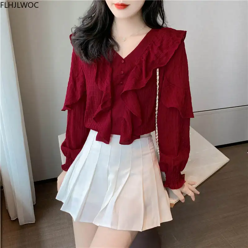 

Осень 2020, топы с длинными рукавами, базовая одежда на пуговицах, милые однотонные винно-красные женские топы с оборками, блузки