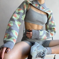 women 2021 women fashion lapel short knitted sweaters female irregular thin cardigan long sleeve printing outer crop top