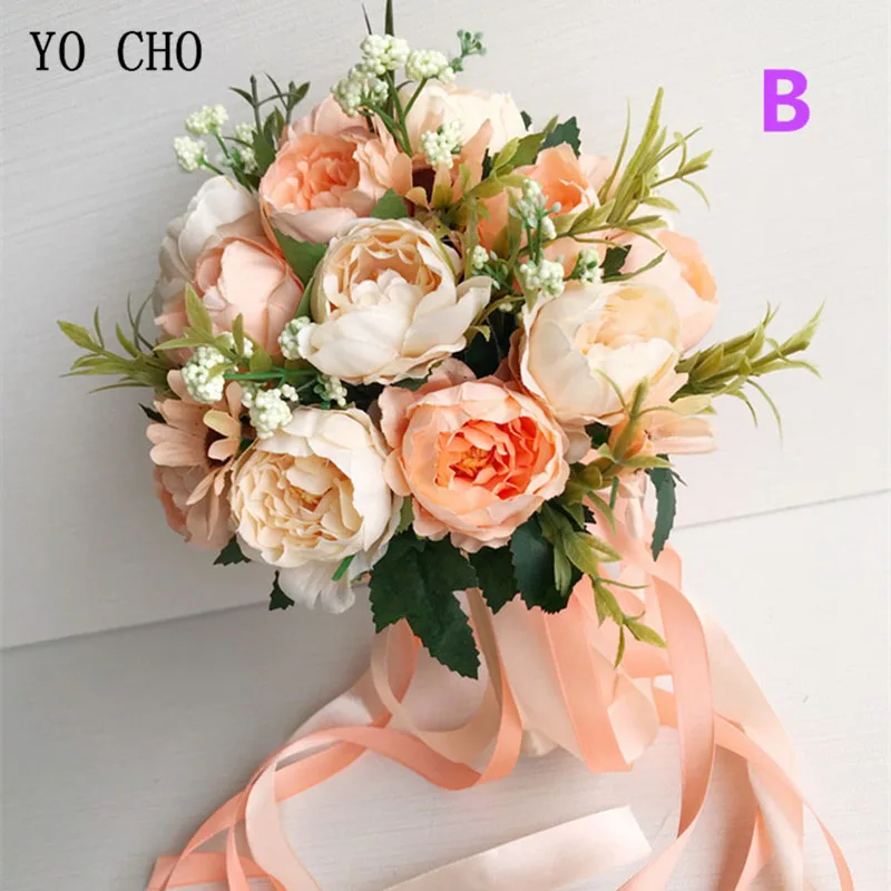 

YO CHO Artificial Flower Bouquets Bridal Bouquet Wedding Flower Champagne Pink Silk Peony Rose Calla Lily DIY Wedding Supplies