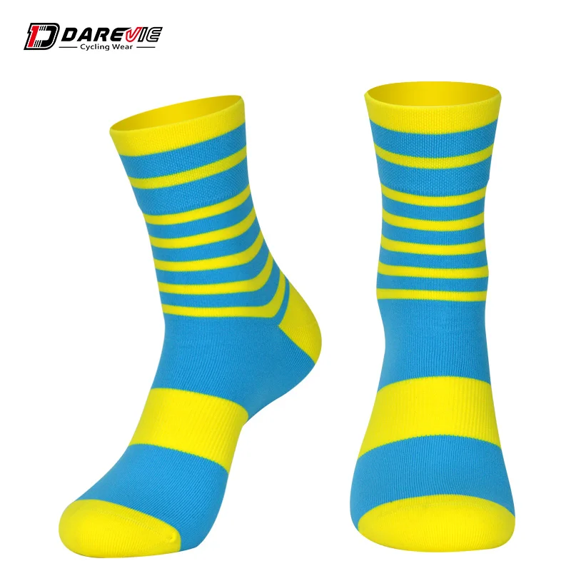 Darevie cycling socks soft sports socks breathable socks elastic biking socks anti-bacterial reflective bicycle cocks MTB road - Цвет: Blue Yellow