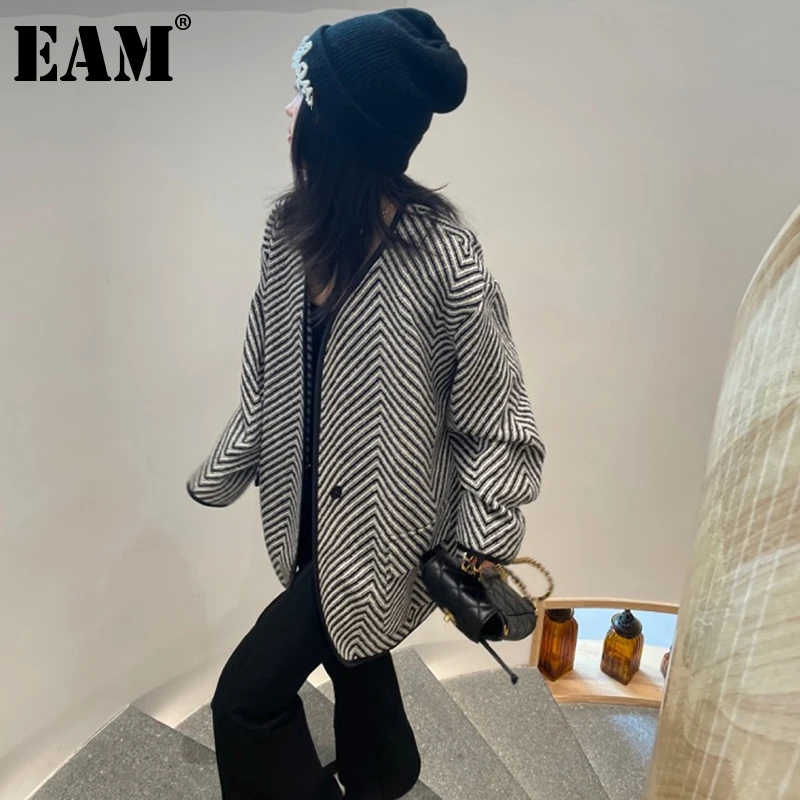 

[EAM] свободное черное шерстяное пальто с узором в елочку большого размера, парки, новинка, Женская мода с длинным рукавом, Осень-зима 2022, 1DE4455