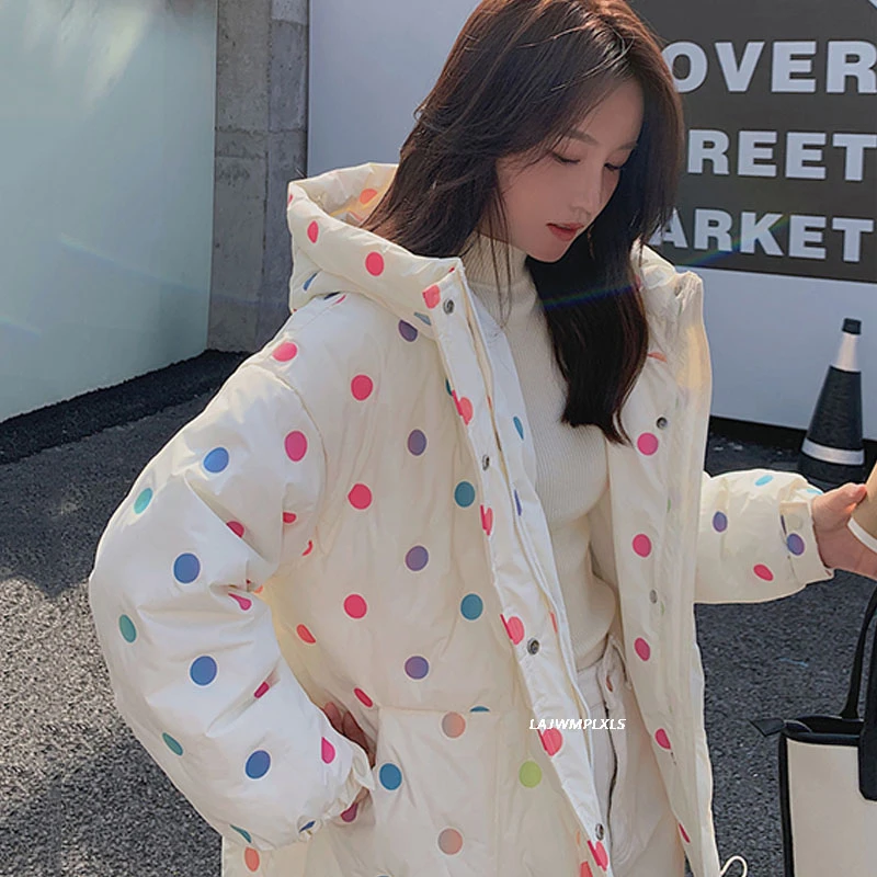 2020 зимнее милое пальто с капюшоном в цветной горошек для девочек женские парки