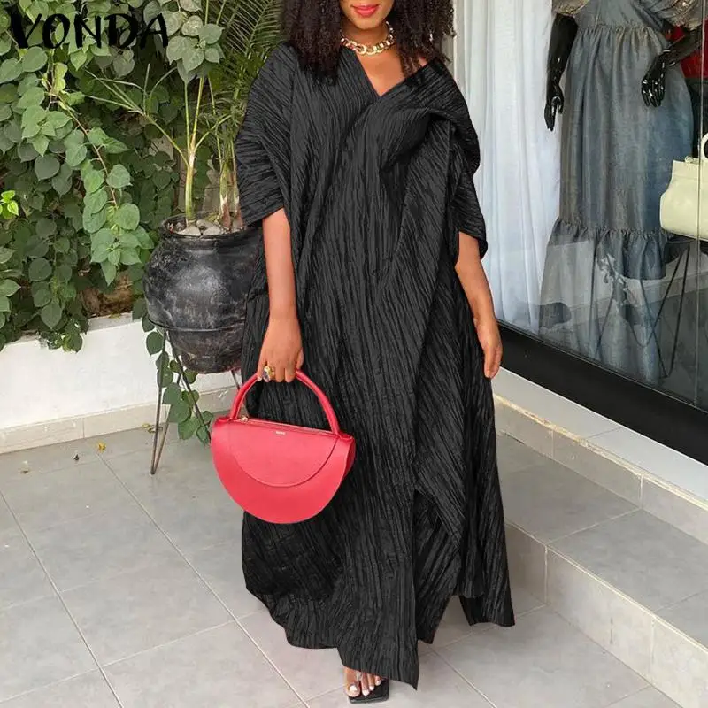 

Autumn Half Sleeve V Neck Dress VONDA Women 2021 Vintage Pleated Bohemian Vestidos Ladies Oversized Beach Sundress Plain Robes