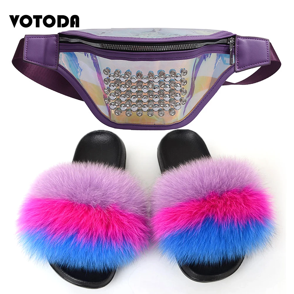 

Women Fur Slides Waist Packs Set Fluffy Fur Slippers Plush Fox Fur Flip Flops Transparent Diamond Fannypacks Laser Crossbody Bag