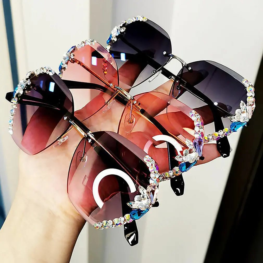 

Женские прямоугольные солнцезащитные очки без оправы 2020 Роскошные брендовые коричневые затемненные линзы солнцезащитные очки модные квад...