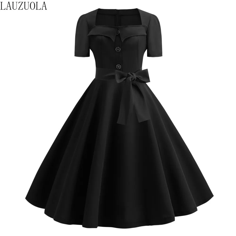 LAUZUOLA/синее женское винтажное летнее платье халат с коротким рукавом 50s 60s в стиле пин-ап расклешенное рокабилли Vestidos офисные вечерние платья