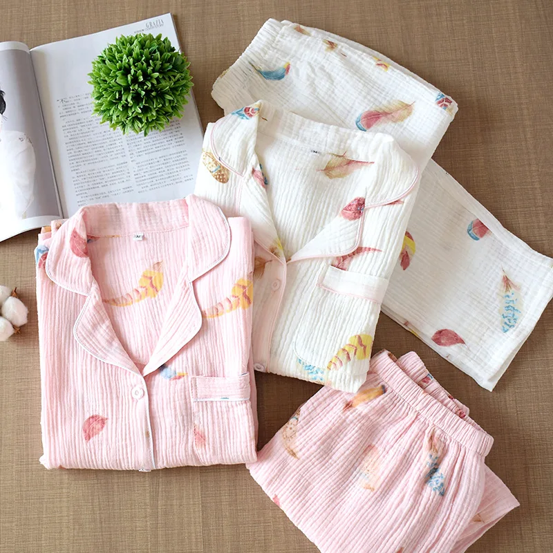 Женская Хлопковая пижама из газовой ткани осенняя тонкая Пижама для отдыха с