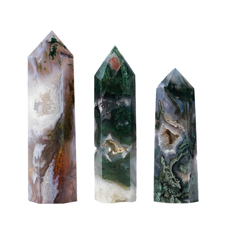 

Natural Crystal Healing Stone Green Water Plant Agate Crystal Point Moss Agate Crystal Hexagonal Column Ornaments