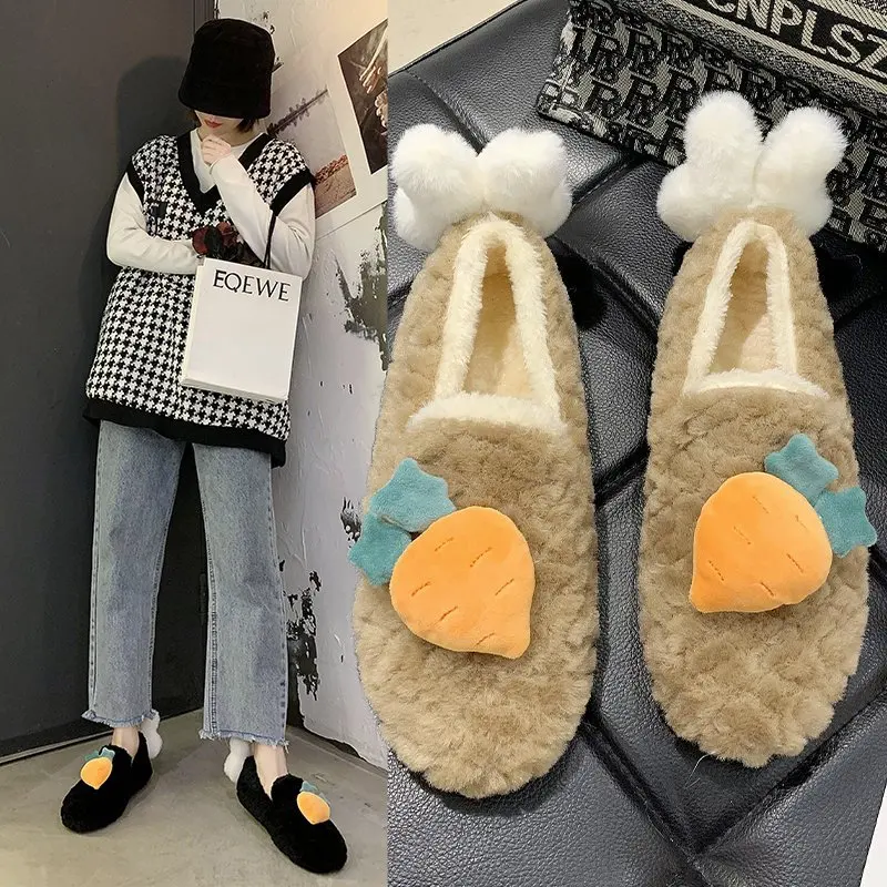 

Зимние плюшевые теплые туфли на плоской подошве 2021 Симпатичные хлопковые туфли с мультяшным кроликом и круглым носком для девочек модные п...