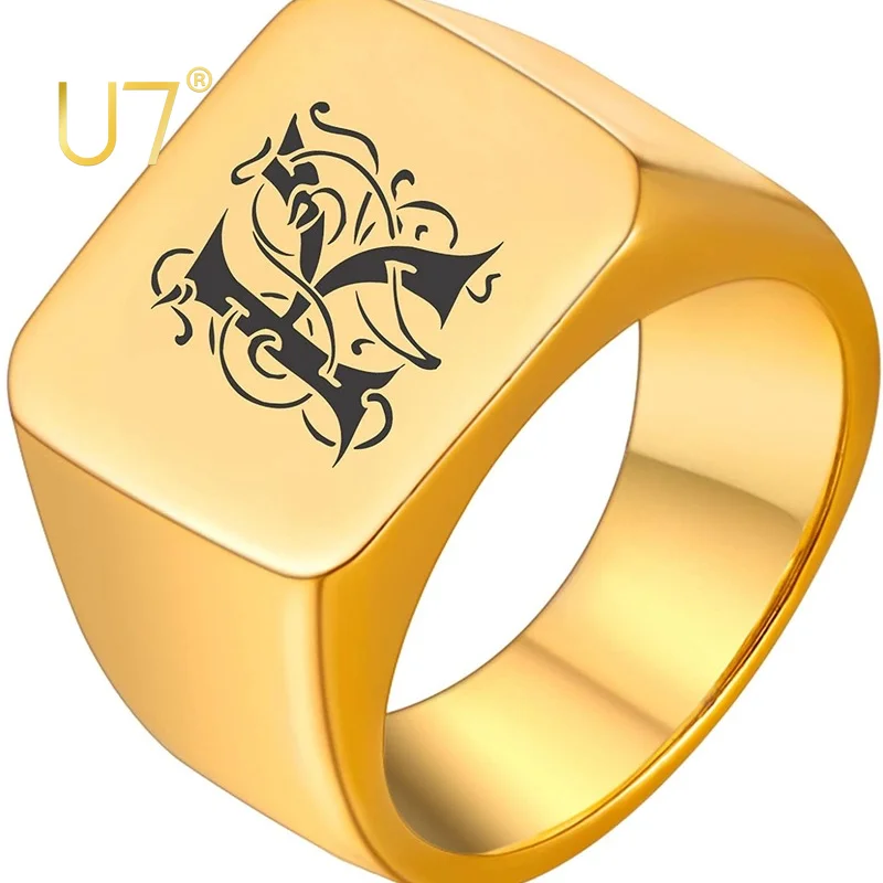 

U7 Custom Simple Monogram Ring Stainless Steel Cocktail Jewelry Engraved Vintage Initials Letter Name Ring for Men Women