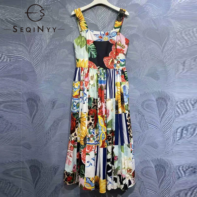 

Модное женское платье SEQINYY, летнее, новое, в сицилийском стиле, в клетку, с цветным принтом, высокого качества, на бретелях-спагетти, празднич...