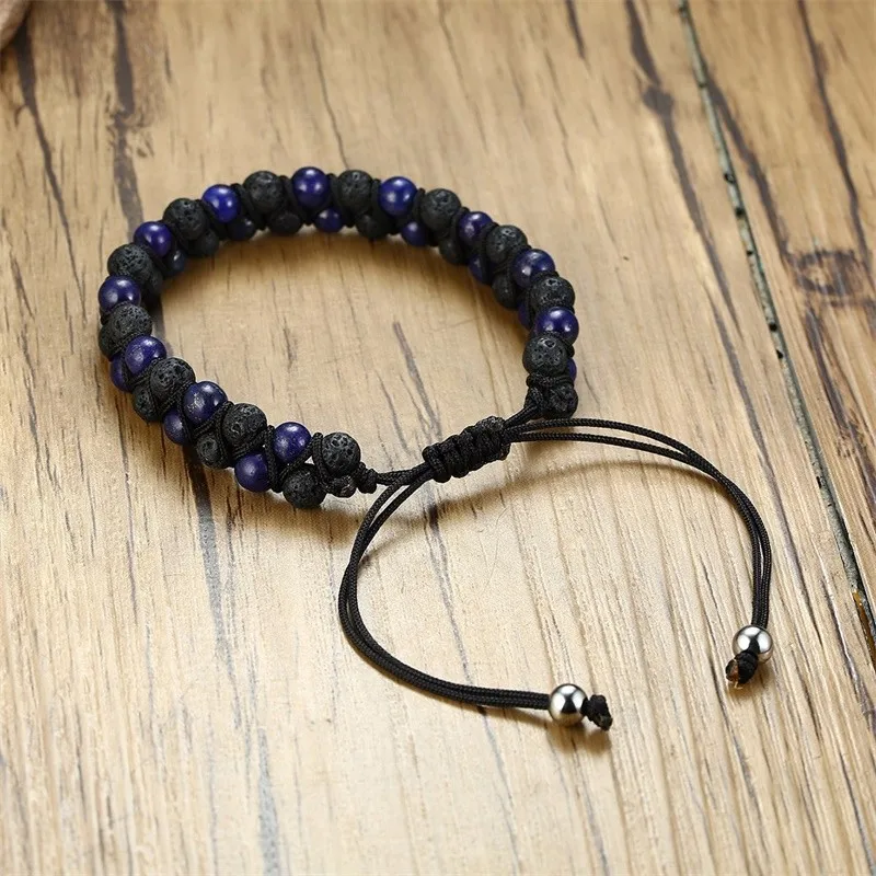 Мужской двухрядный регулируемый браслет Lapis Lazuli Volcano Stone 12 мм широкий один