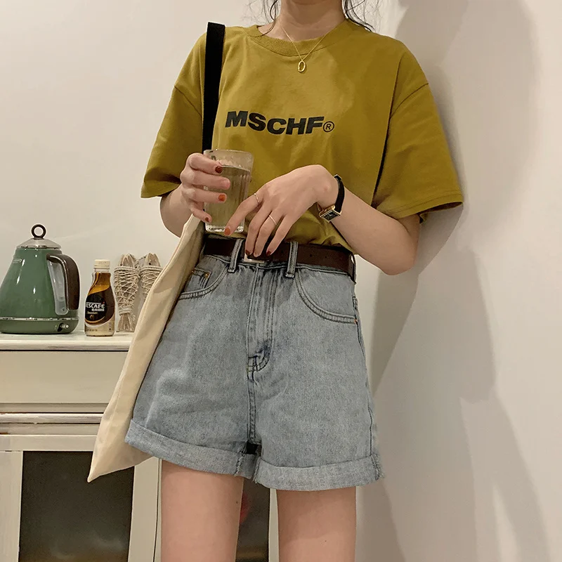 

Wide-Leg Jeans Women's Summer 2021 New Small High Waist A- line Hot Pants Loose Slimming Washed Curling Shorts