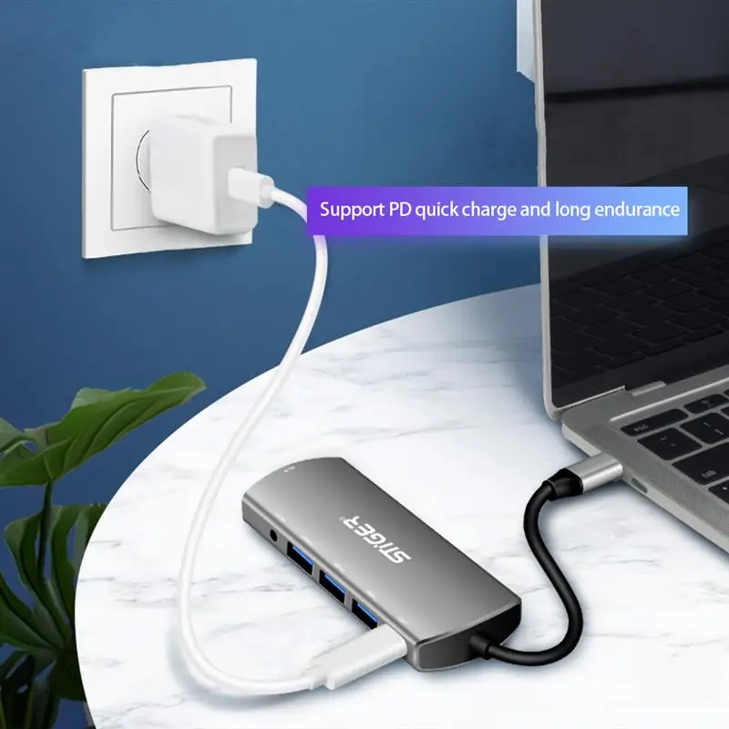 

6 in 1 USB Type-C Hub Adapter with USB C to 4K 3 USB 3.0 Ports PD Fast Charger 3.5mm Audio Jack for MacBook Pro Air